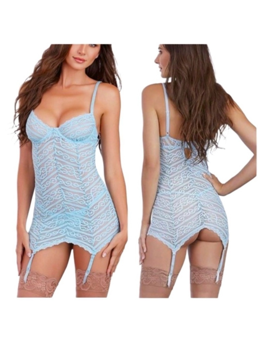 Dreamgirl Light Blue Lace Bustier Corset Chemise with Garter Straps Size Small